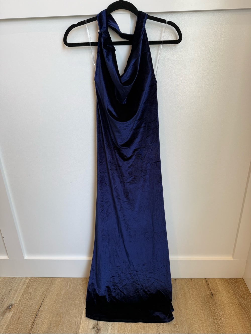 Akira Velvet Cowl Neck Maxi Dress - Navy formal party costume festive halter